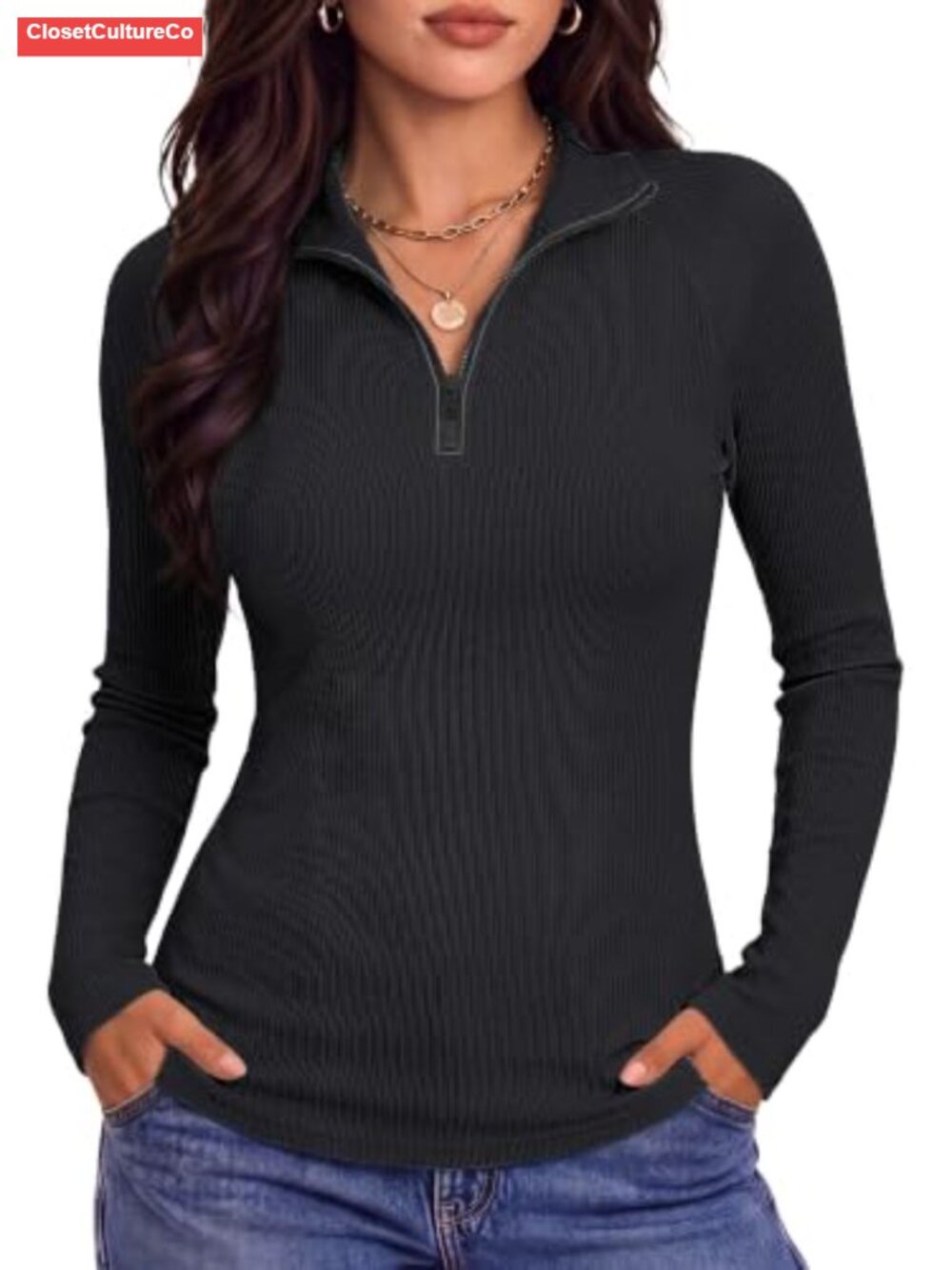 Long Sleeve Quarter Zip Ribbed Knit Sweater Top Slim Fit
